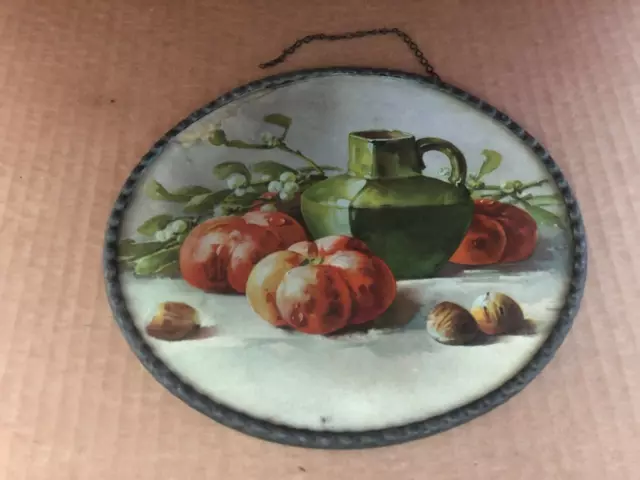 Vintage GERMANY FLUE COVER Flowers Fruit Vegetable Nuts Pitcher Crimped Edge #5