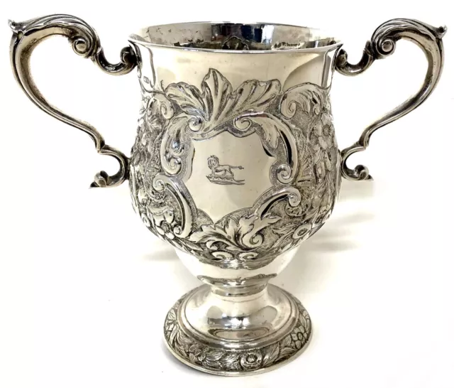 Stunning Antique Irish Solid Silver Two Handled Loving Cup Floral Embossed