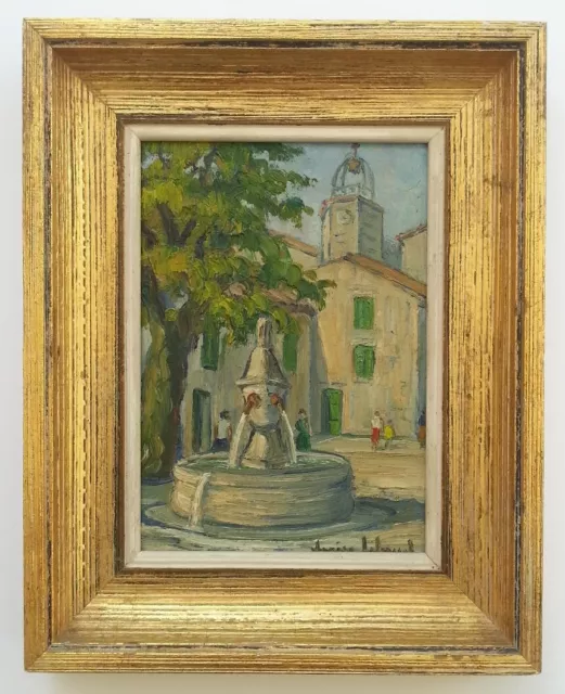 JOLI ancien TABLEAU PEINTURE HSP XXe PLACE DE MAZAUGUES VAR signé DENISE LEBAUD