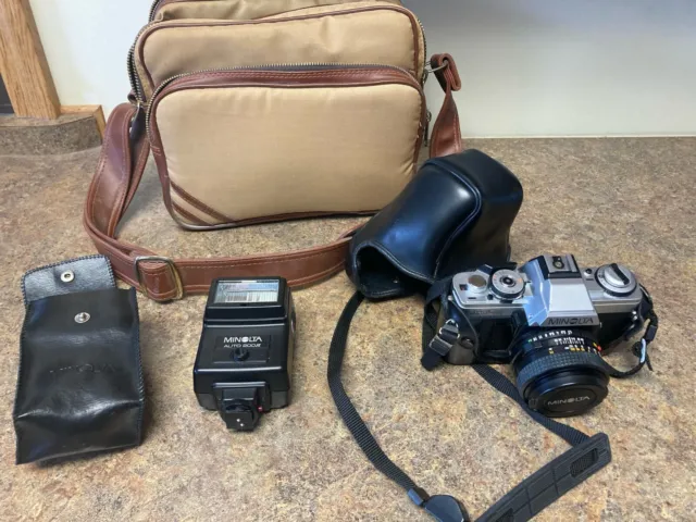 Minolta XG-M camera, lens, strap & case, carrying case, + Minolta flash, used