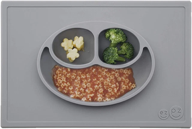 Ezpz Happy Mat Gris - Placa de succión 100% silicona con mantel incorporado para + -