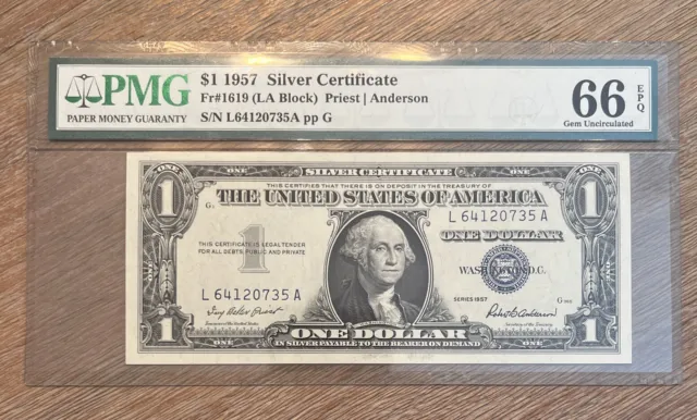 1957 $1 Silver Certificate Fr. 1619 Block LA Graded Gem UNC 66 EPQ PMG