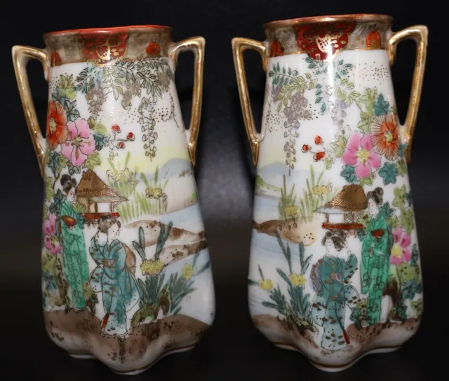 Pair of Vintage Japanese Noritake Gilt Handled Vases - Geisha Girls at lake