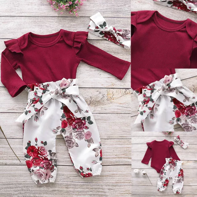 Newborn Kids Baby Girl Outfits Clothes Ruffle Romper Bodysuit Floral Pants Set