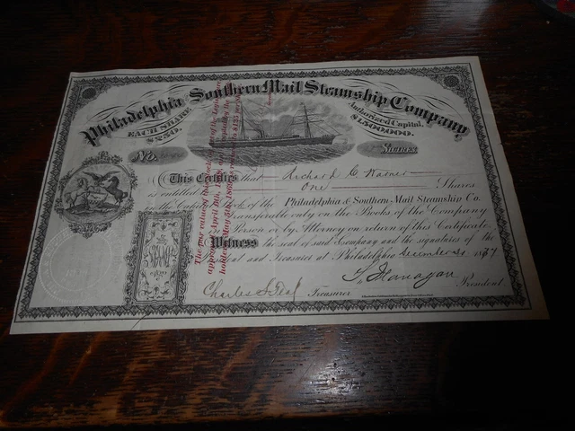 Philadelphia Southern Mail Steamship Company Stock Certificate 1877