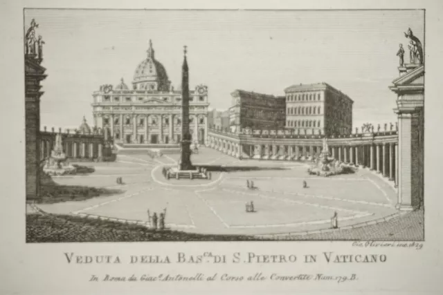 Gravure Miniature Paysage Architecture Vatican Saint Pierre Rome Italie 1830