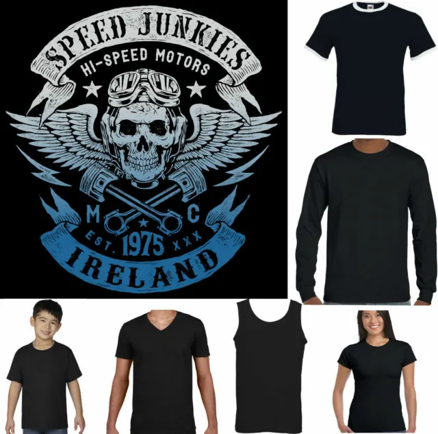 Irlandese Biker T-Shirt Uomo Irlanda Motocicletta Cafe Racer Moto Velocità Junk