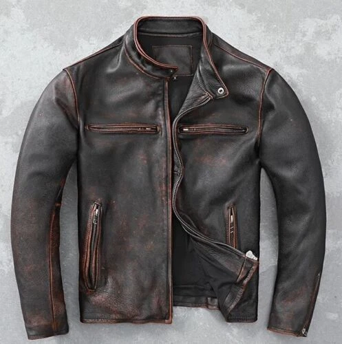 Giacca Uomo Cafe Racer Biker Moto Vintage Effetti In Pelle Nera