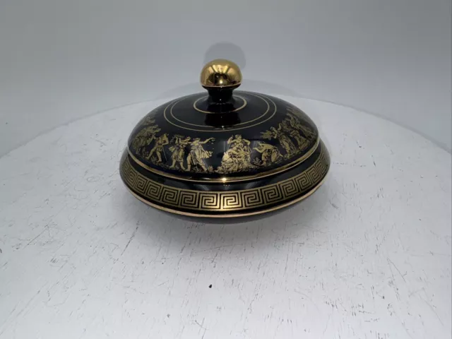 Vintage Spyropoulos Handmade Greece 24K Gold Finish Floral Porcelain Jar / Lid