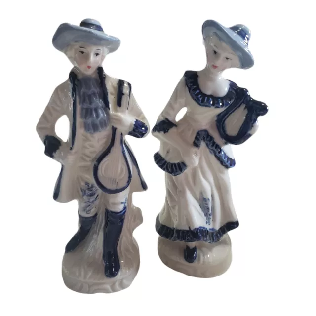 Vintage Pair Blue and white Porcelain Couple Figurines Victorian  Hand Painted