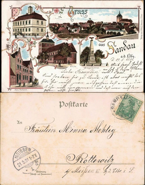 Ansichtskarte Litho AK Sandau (Elbe) Postamt, Kriegerdenkmal, Kirche 1901