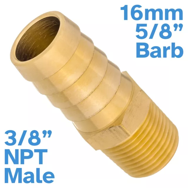 Brass 16mm 5/8" Barb Hose To 3/8" NPT Male Threaded Pipe Fitting Tail Connector