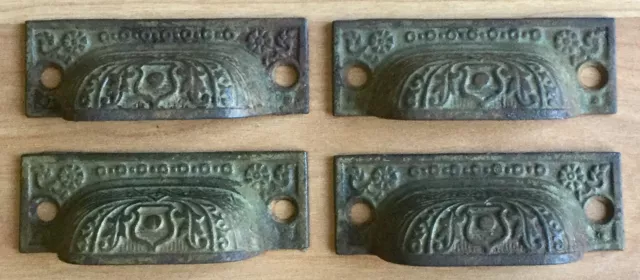 Vtg Antique Cast Iron Victorian Eastlake Drawer Pull Handle Hardware Set Of 4