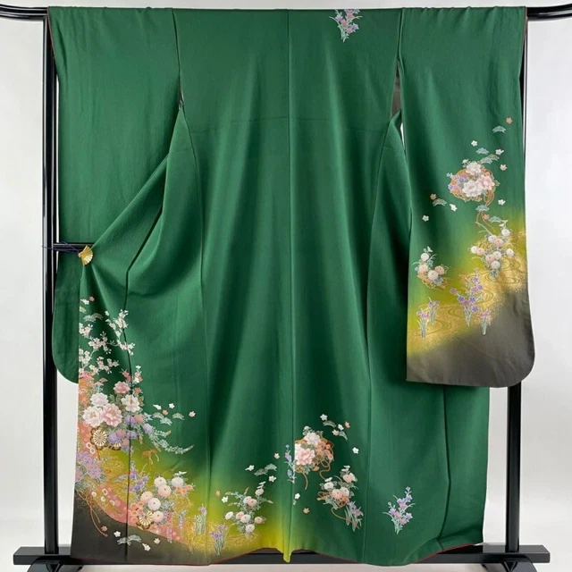 Japanese Kimono Furisode Pure Silk Lined Hanaguruma Pine Tree Gilt Bokashi Green