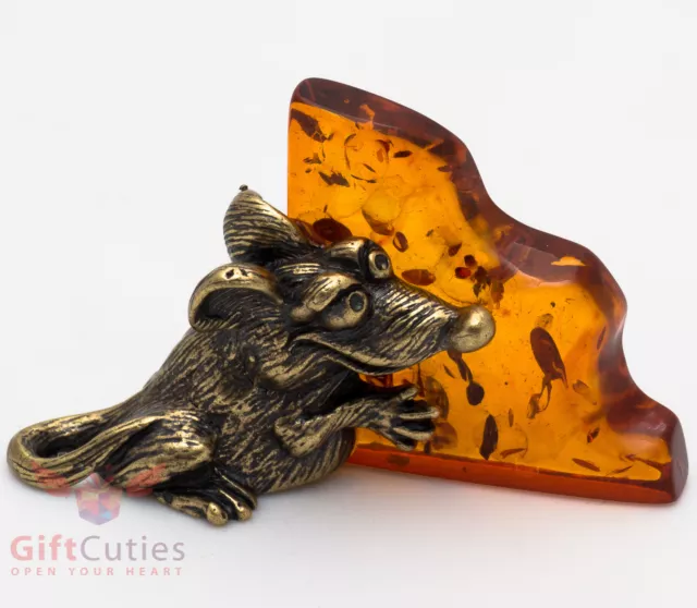 Solid Brass Amber Figurine of Mouse Mice Greedy Rat with Cheese IronWork 2