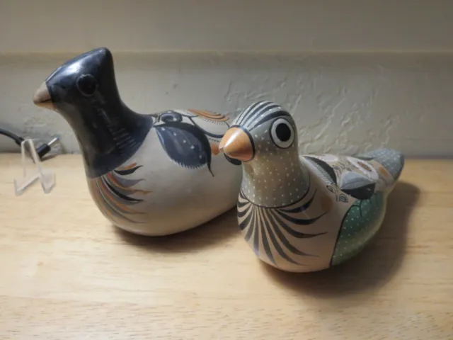 Mexican pottery Tonala Bird/Dove Signed Lot Mexico Handcrafted 1989 Floral Art