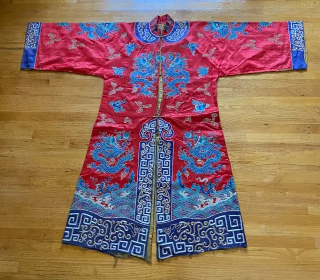 Antique Chinese Men's Embroidery Silk Dragon Robe Late Qing 19th C.