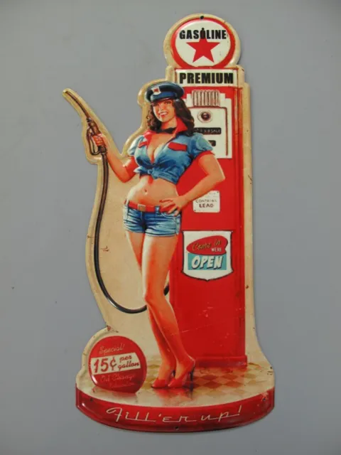 Shabby Blechschild Zapfsäule Tankstelle Gasoline Pin Up Girl Retro 60 x28 cm
