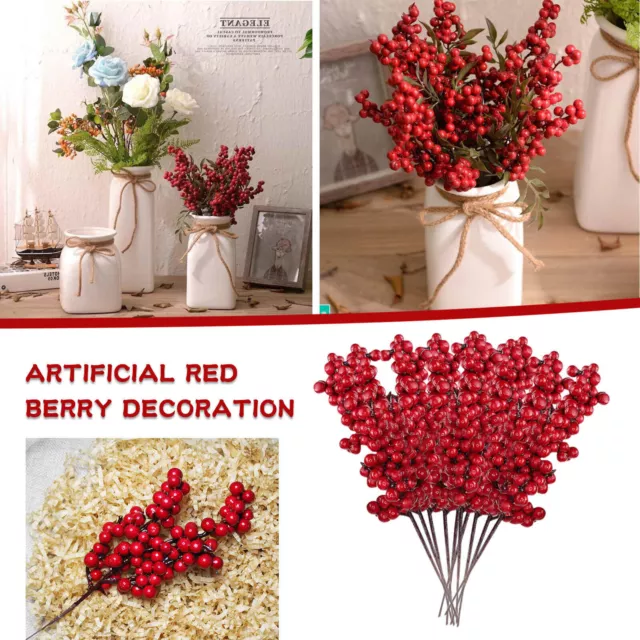 10PCS Christmas Red Berry Branch Holly Artificial Xmas Flower Pick Wreath Decor