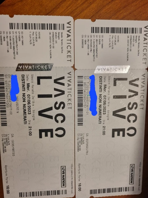 vendo n° 2 biglietti per il concerto di vasco rossi STADIO DALL'ARA 7 GIUGN 2023