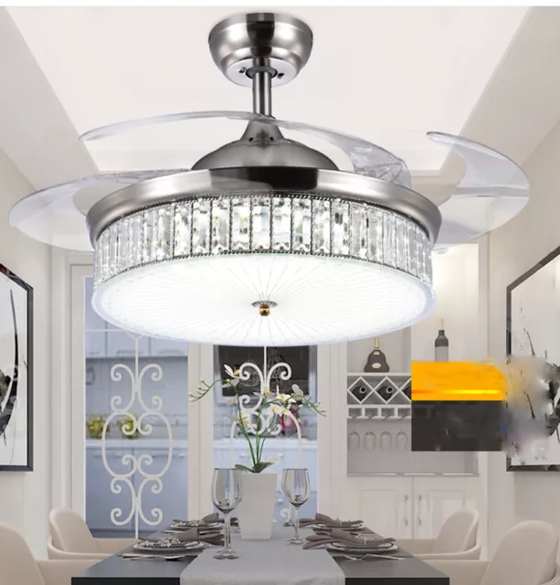 42" Crystal Modern Ceiling Fan Light Remote Control Invisible Chandelier Lamp US