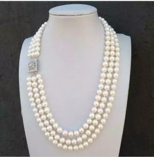 Triple Strands AAA 7-8mm Genuine South Sea White Pearl Necklace 18"19"20" 925S