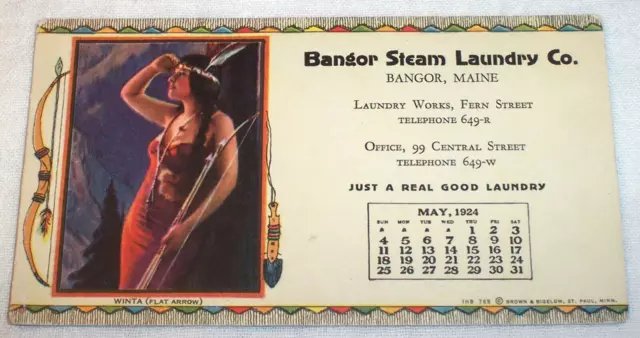 1924 Advertising Calendar Bangor Maine , American Indian Girl Winta St. Paul MN