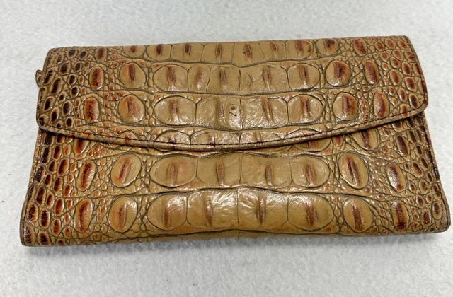 Brahmin Vintage Melbourne Croc Embossed Leather Tri Fold Checkbook Wallet  Brown