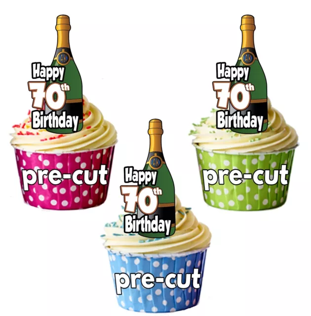 70th Birthday Champagne Bottles - Precut Edible Cupcake Toppers Cake Decorations