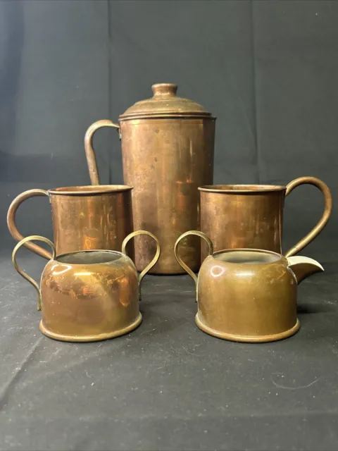 Vintage copper serving set pitcher 2 cups with cream and sugar