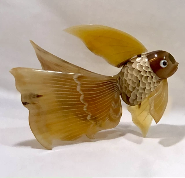 Vtg Hand Carved Horn Fancy Fantail Koi Fish Sculpture Figurine RARE