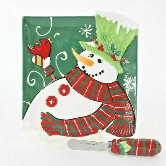 Fitz Floyd Holly Hat Snowman 6.5" x 7" Snack Plate Matching Knife Spreader I742