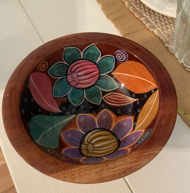 Vintage Handpainted Wooden Lacquered Bowl Floral Bright  Colors 6.5”