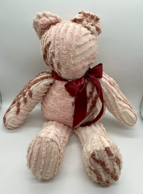 Vtg 20” Chenille Teddy Bear Plush Pink Burgundy Bedspread W/ Attach Angel Charm