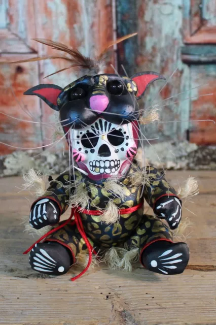 #1 Day of the Dead Jaguar Baby Muñeca Doll Papier Mache Handmade Mexico Folk Art