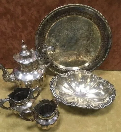 Antique Derby Silver Co. Quadruple Plate-4-Piece Tea Set and 1 Reed Barton Dish