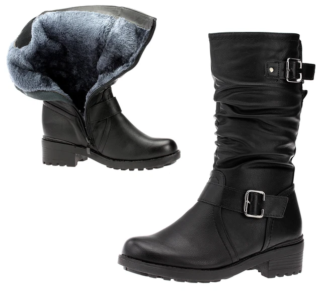 Damen Stiefel Stiefeletten Boots Leder-Optik Gefüttert