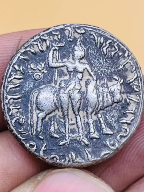 ancient indo Greek silver drachm coin depicting important warrior