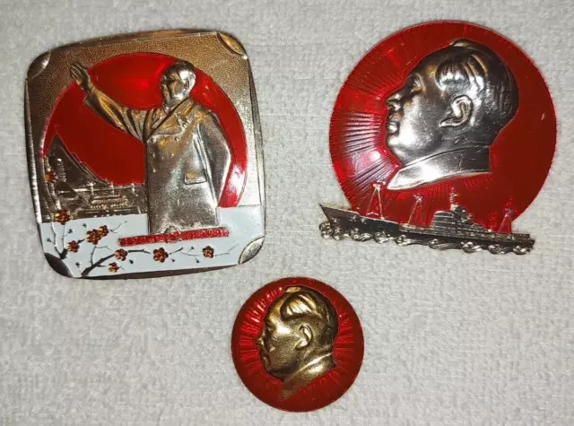 3 Vintage Chairman Mao Tse Tung Zedong Chinese Communist Party Pin Badges 1960`s