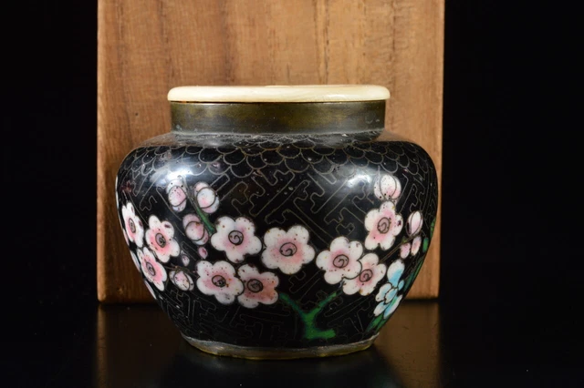 H9783: XF Chinese Metal Cloisonne-ware TEA CADDY w/High class lid w/signed box