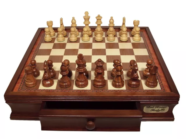 Dal Rossi Chess Set Boxwood/Sheesham 85mm Pieces w 40cm Walnut Board w/ Drawers