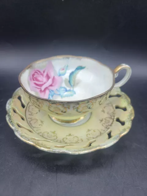 Beautiful Vintage Handpainted Lusterware Teacup & Reticulated Saucer Fruit Motif