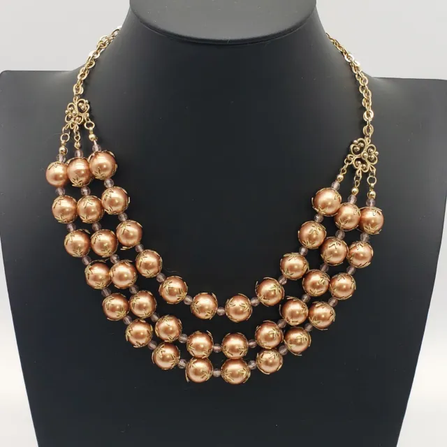 Vintage Triple Strand Faux Golden Bronze Light Brown Pearl Beaded Necklace READ