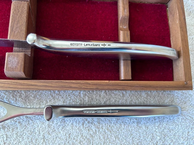 Vintage GERBER LEGENDARY BLADES Carving Knife + Meat Fork Walnut Case 2