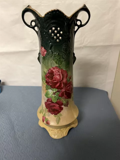 Lovely Green Wheeling Pottery Co La Belle China Vase Red Roses 13" Tall