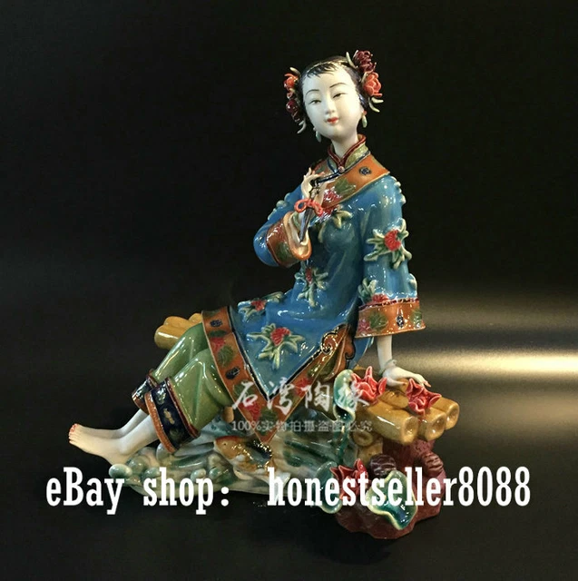 10" Wucai porcelain Pottery Seat Classical Beauty Belle Women Lady Flower Statue