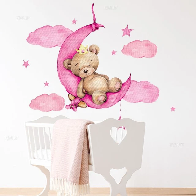 BEAR WALL STICKERS Pink Cloud Stars Moon Sticker Kids Nursery Room