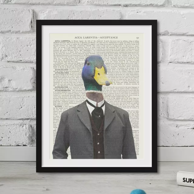 Hipster Duck Print On REAL Dictionary Page Steampunk Wall Art Vintage Prints