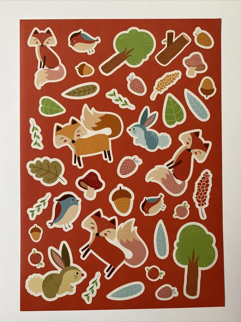 Fox Bunny Bird Acorn Tree Mushroom Leaves Forest Animals Stickers Single Sheet