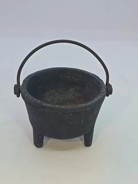VTG Small 3 Legged Cast Iron Cauldron Kettle W/ Handle Stamped Plymouth Mass